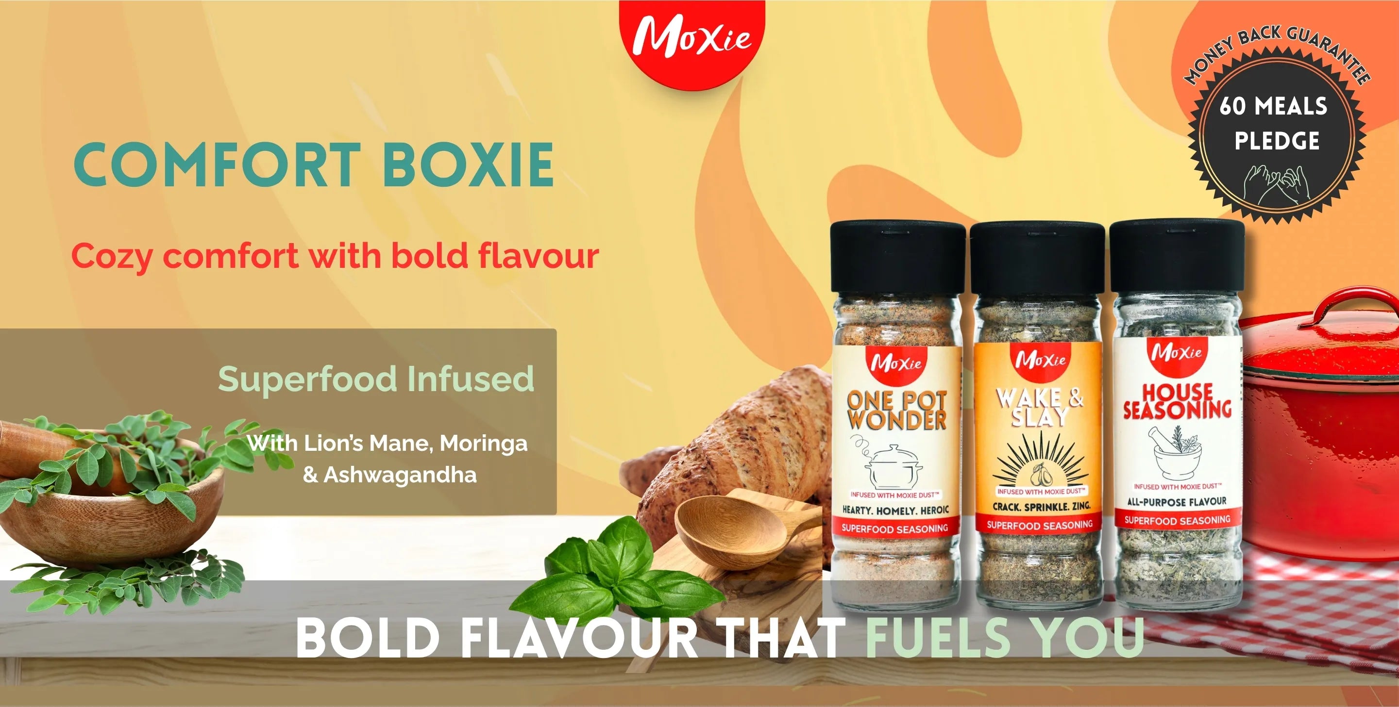 Moxie Comfort Boxie – superfood-infused spices for soups, stews and roasts, made with Lion’s Mane, Moringa and Ashwagandha for cozy, flavourful home cooking.