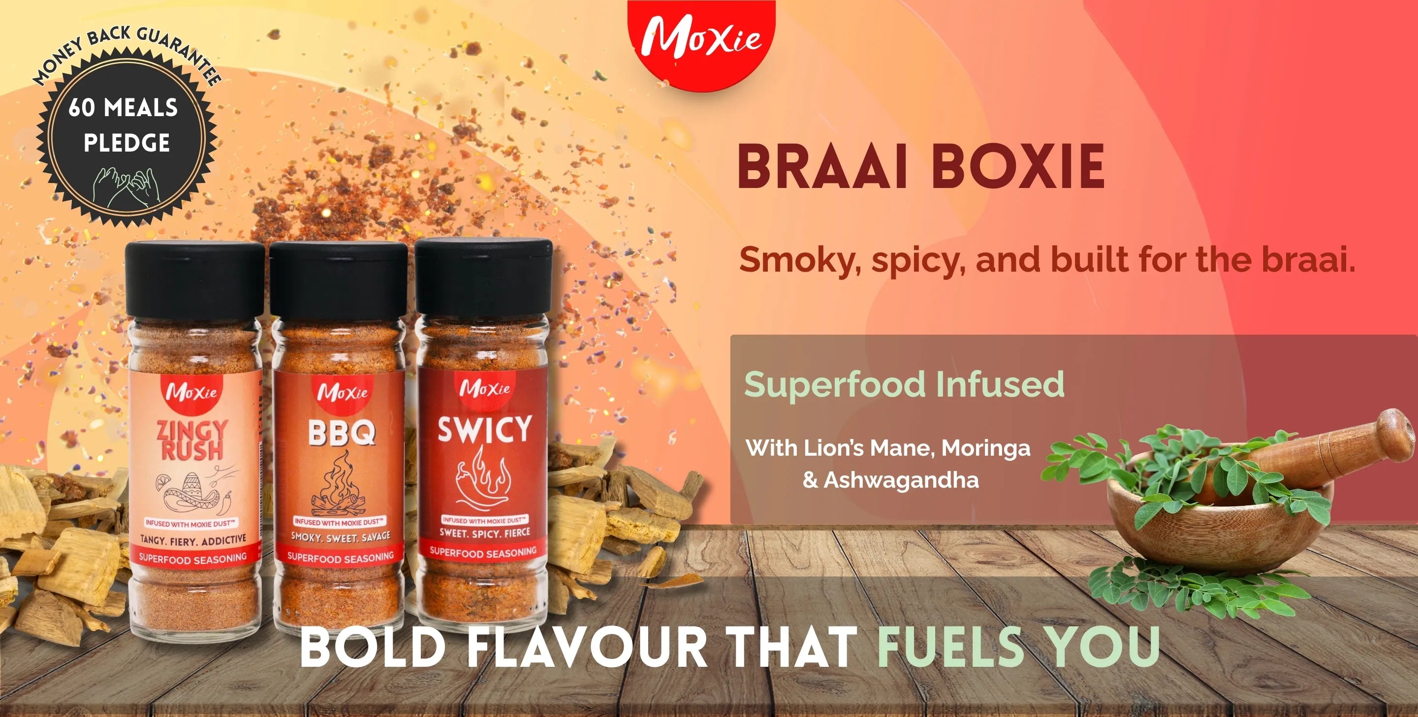Moxie Braai Boxie – the best braai spice trio infused with superfoods like Lion’s Mane, Moringa, and Ashwagandha.