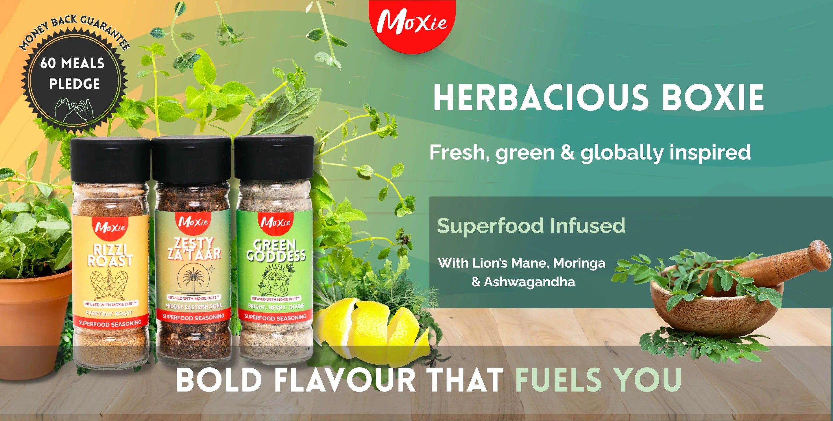 Moxie Herbacious Boxie – a fresh superfood herb seasoning trio with garlic and lemon, perfect for roasts, salads, and dressings.