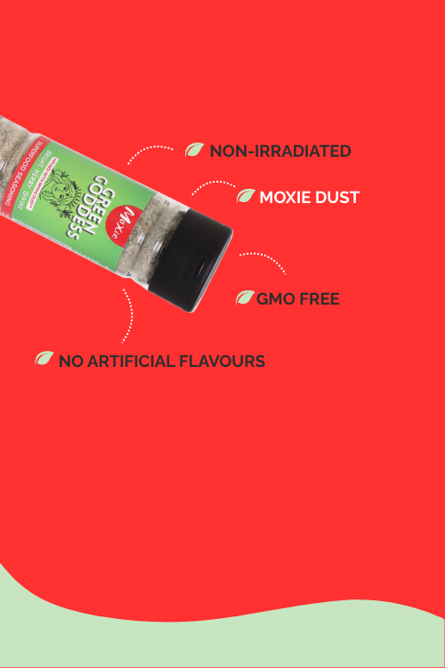 Moxie Green Goddess seasoning jar on red background highlighting flavour with benefits