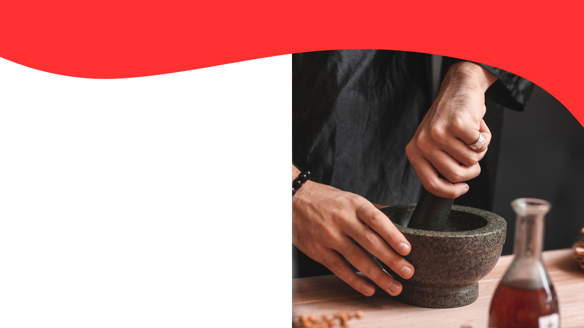 Hand grinding spices in pestle and mortar for Moxie story