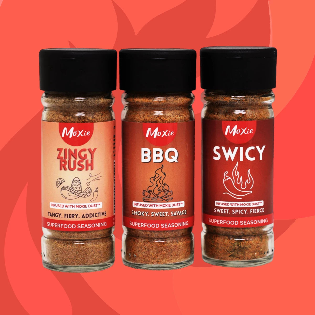 BBQ Heatwave seasoning collection featuring Zingy Rush, BBQ, and Swicy blends from Moxie — bold smoky, spicy, and sweet superfood seasonings.