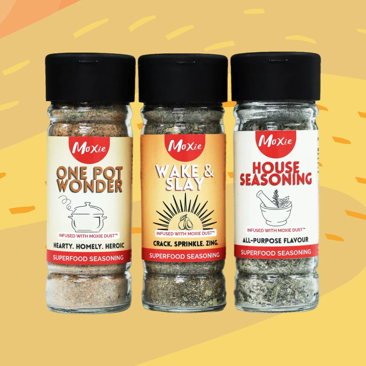 Comfort Wonderland seasoning collection from Moxie with One Pot Wonder, Wake & Slay, and House Seasoning blends — hearty, homely, and all-purpose flavour.