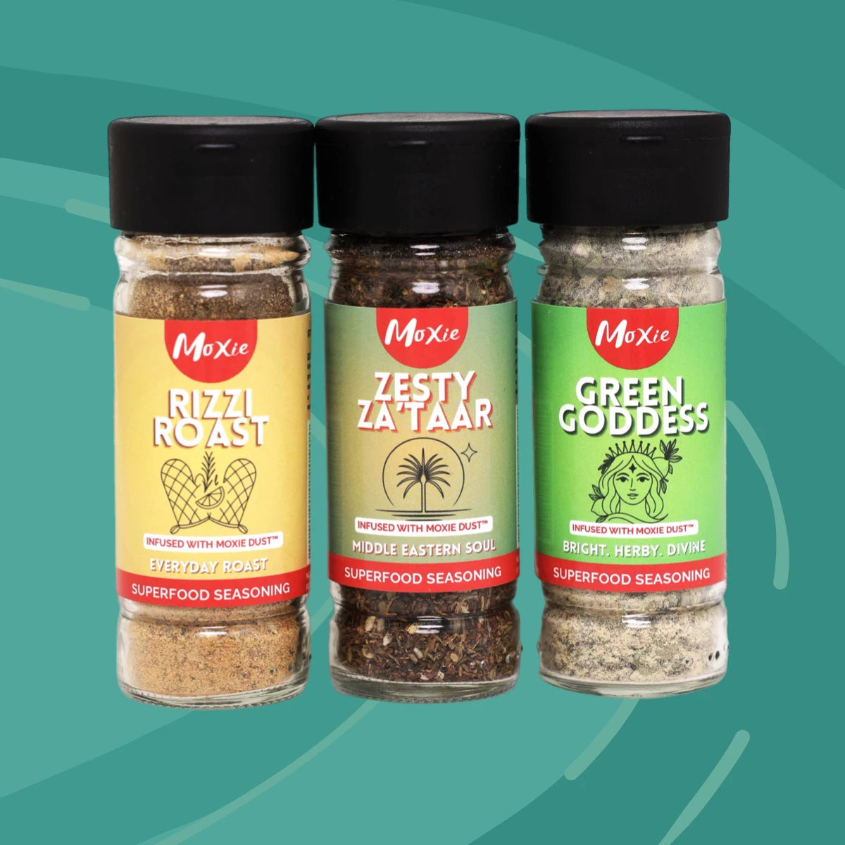 Herbacious Riviera seasoning collection from Moxie featuring Rizzi Roast, Zesty Za’taar, and Green Goddess blends — fresh Mediterranean-inspired herb seasonings.