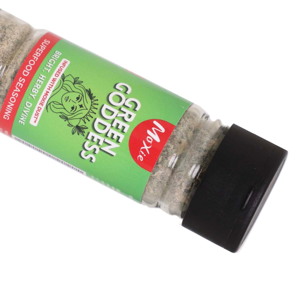 Moxie Green Goddess seasoning jar, highlighting benefits